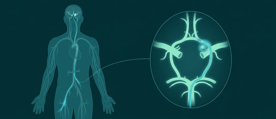 Ilustração do trajeto do cateter da artéria femoral, na virilha, até as artérias do cérebro