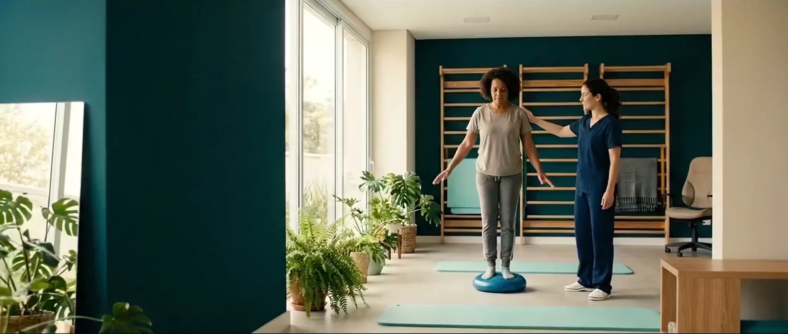 Paciente em treino de equilíbrio acompanhada por fisioterapeuta no ginásio de reabilitação do Instituto Neuron